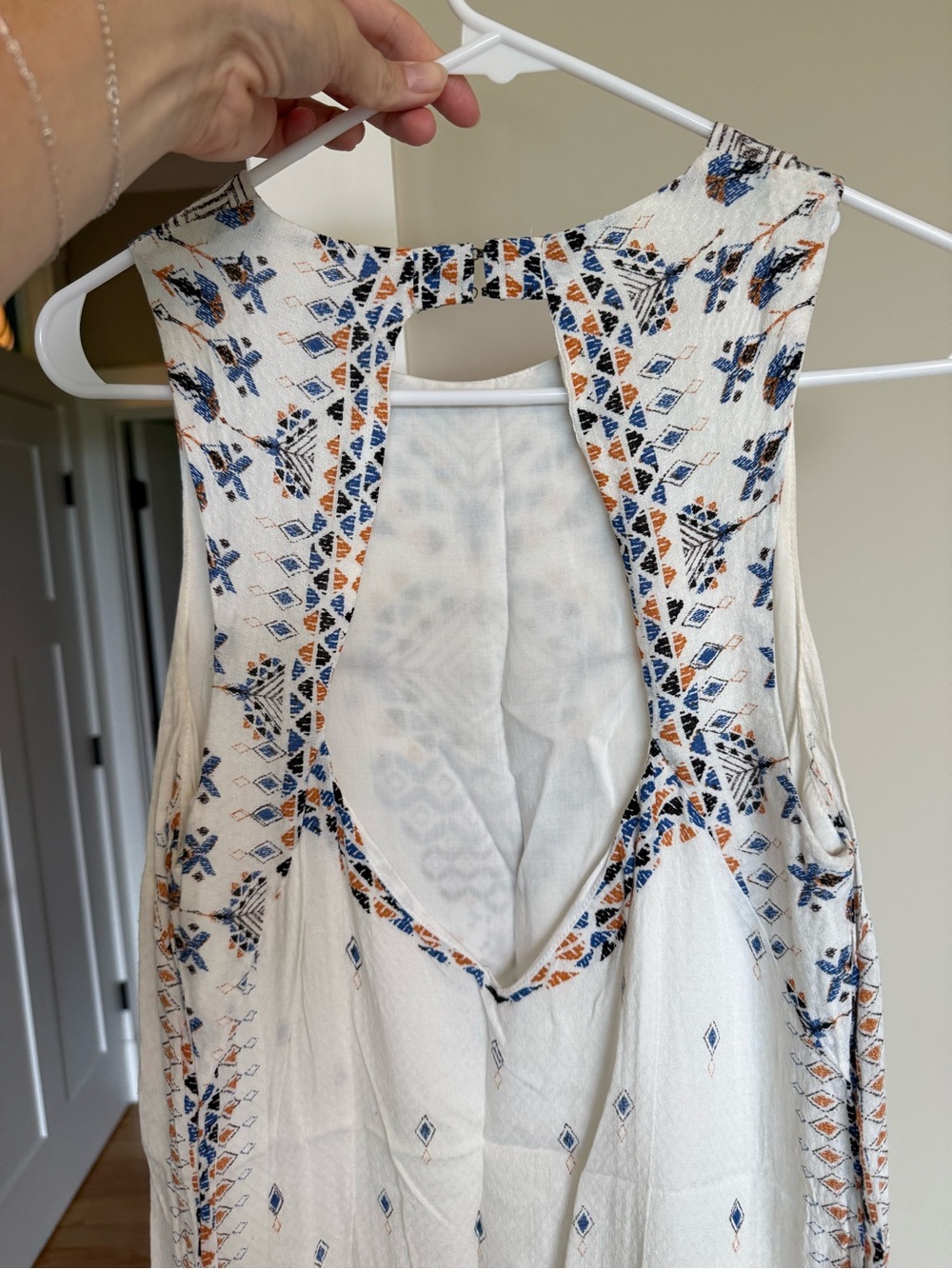 Ecote Cream Sleeveless Backless Dress with Blue & Brown Geometric Print